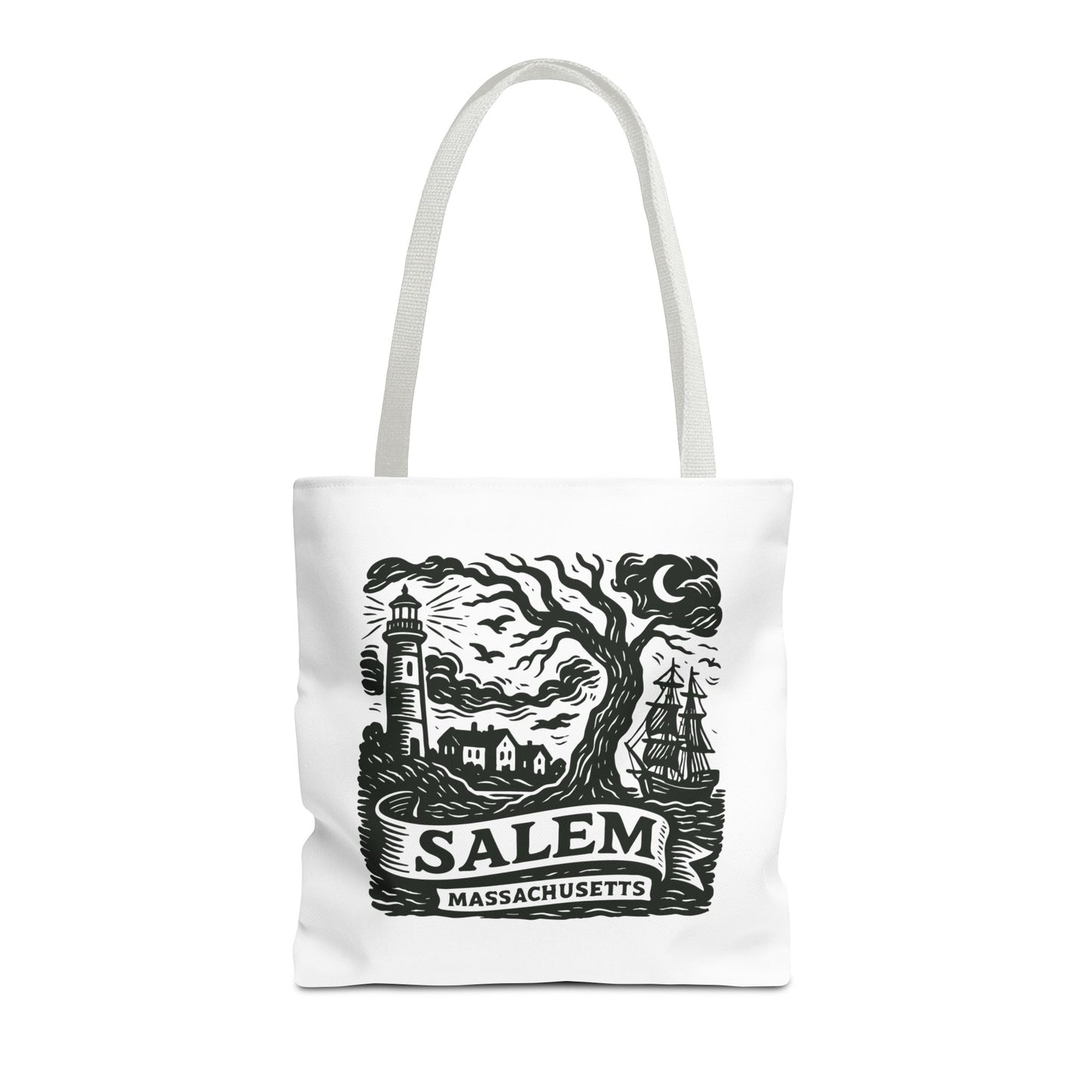 Salem Massachusetts Tote Bag — Vintage Lighthouse & Witch Tree Illustration