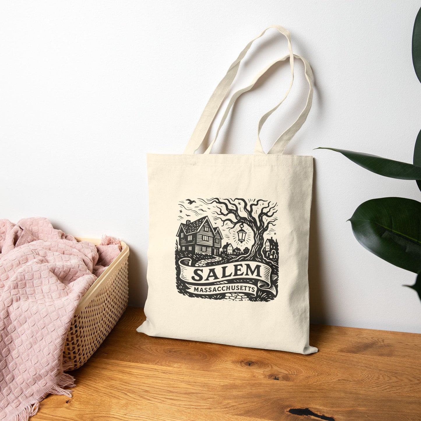 Salem Massachusetts Vintage Witchy Tote — Haunted House Canvas Tote Bag