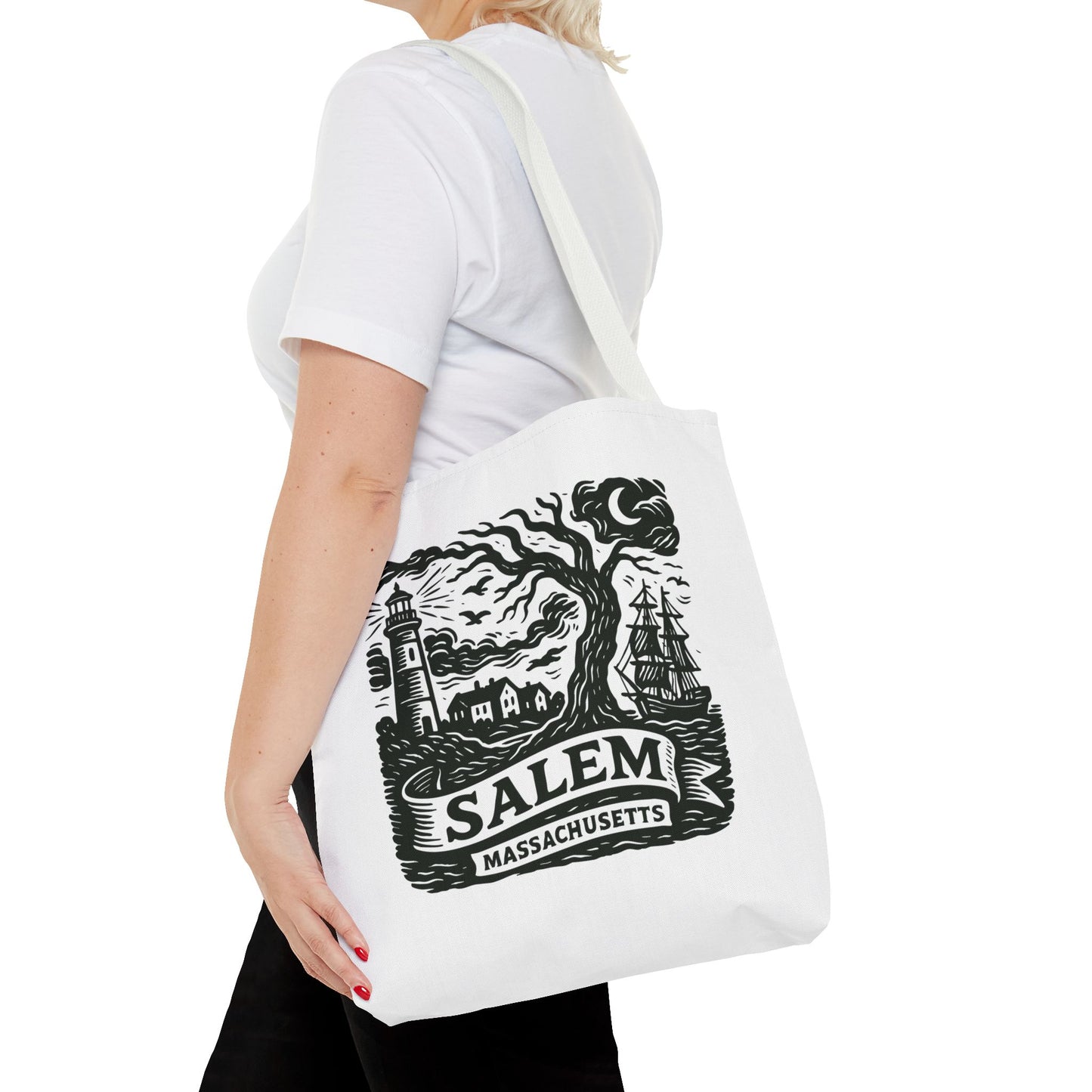 Salem Massachusetts Tote Bag — Vintage Lighthouse & Witch Tree Illustration