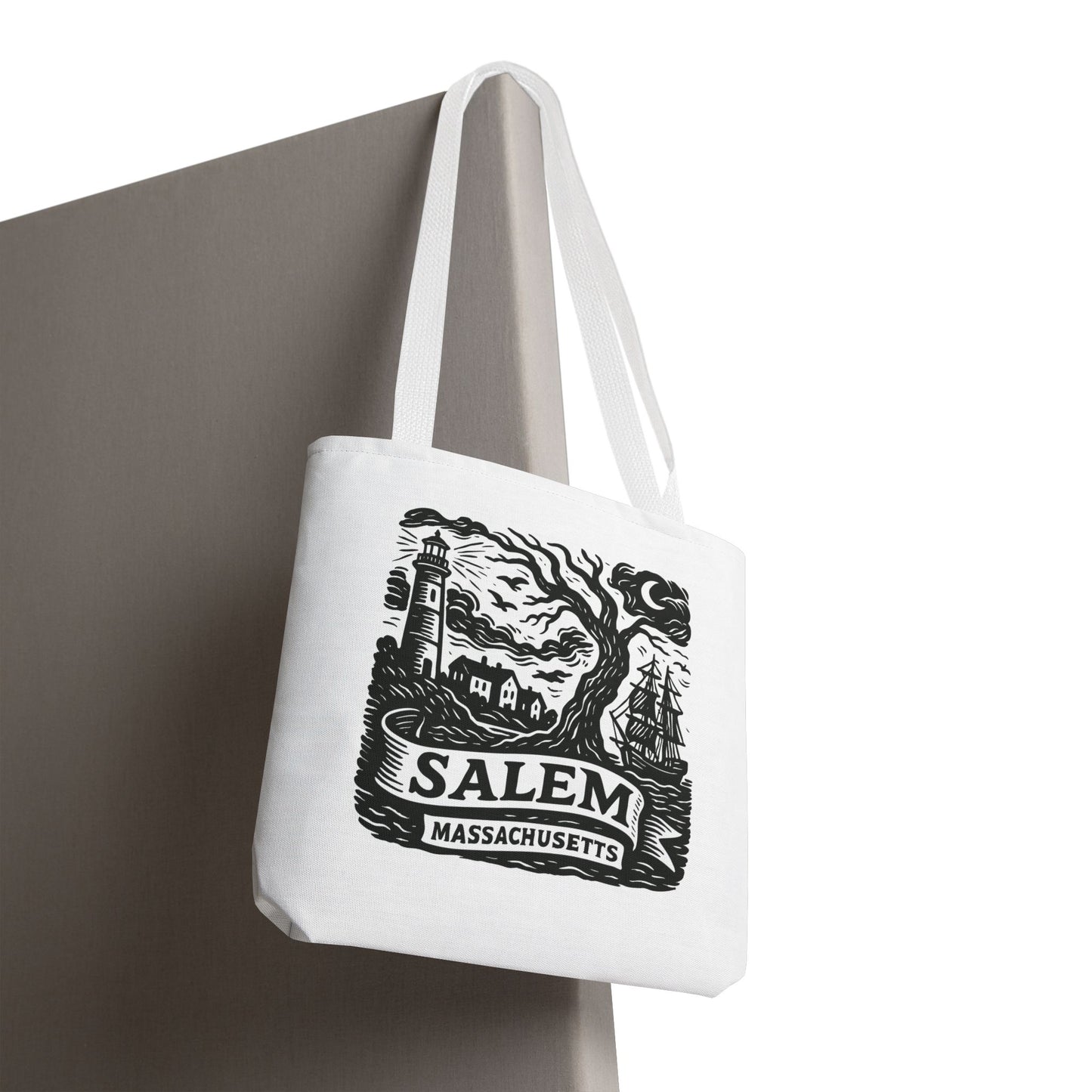 Salem Massachusetts Tote Bag — Vintage Lighthouse & Witch Tree Illustration