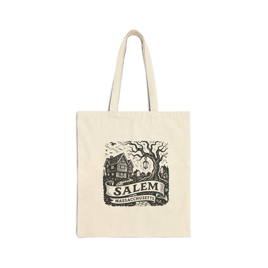 Salem Massachusetts Vintage Witchy Tote — Haunted House Canvas Tote Bag
